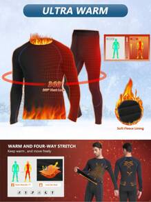 男士保暖内衣、上衣和裤子套装，男士长裤，带保暖内衬狩猎装备底层裤子 - 黑色 - 查看 4