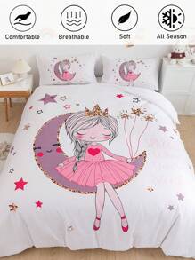 Juego de ropa de cama de 3 piezas con estampado de luna y estrellas para niñas, estilo princesa en colores pastel de poliéster, funda nórdica y funda de almohada, adecuado para todas las estaciones, ideal para el Día de San Valentín