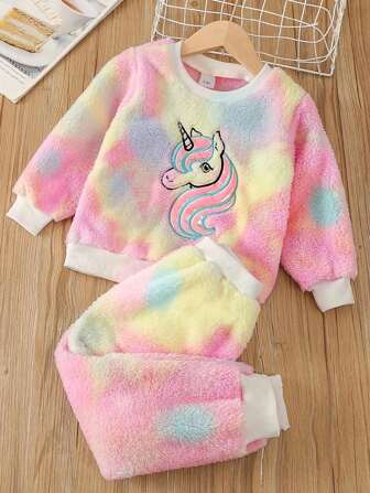 Toddler & Young Girl Colorful Tie-Dye Fluffy Cartoon Unicorn Embroidery Round Neck Long Sleeve Top & Pants 2 Pieces Set, Stylish & Cozy, Spring