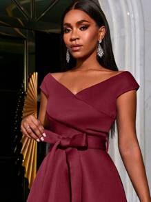 Faeriesty ​Elegant Off-Shoulder Solid Color Belted Party Dress - Slimming Evening Gown For Women, Wedding Guest Cocktail Dress - Burgundy - View 7