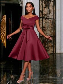 Faeriesty ​Elegant Off-Shoulder Solid Color Belted Party Dress - Slimming Evening Gown For Women, Wedding Guest Cocktail Dress - Burgundy - View 5