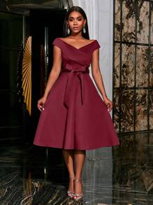 Faeriesty ​Elegant Off-Shoulder Solid Color Belted Party Dress - Slimming Evening Gown For Women, Wedding Guest Cocktail Dress - Burgundy - View 1