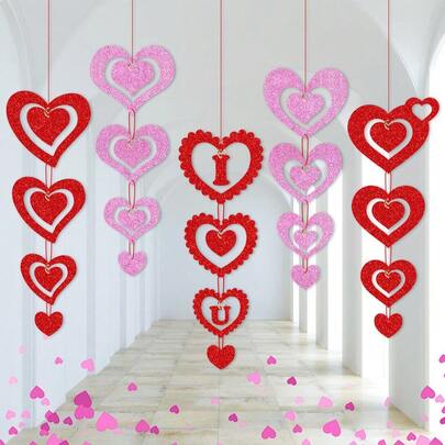 5pcs Valentine's Day Party Decor Hanging Ornaments, "Love You" Heart Shaped Hanging Decorations, Wedding Room Decor