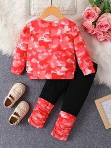 2pcs/Set Baby Girls Novelty New Year Letter Print Long Sleeve Top And Tie-Dyed Patchwork Pants Set, Autumn/Spring - Red - View 2