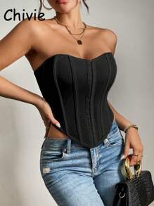 CHIVIE Sexy Boned Corset Top With Sequins For Party - Coal Black - View 5