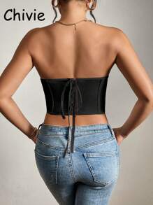 CHIVIE Sexy Boned Corset Top With Sequins For Party - Coal Black - View 6