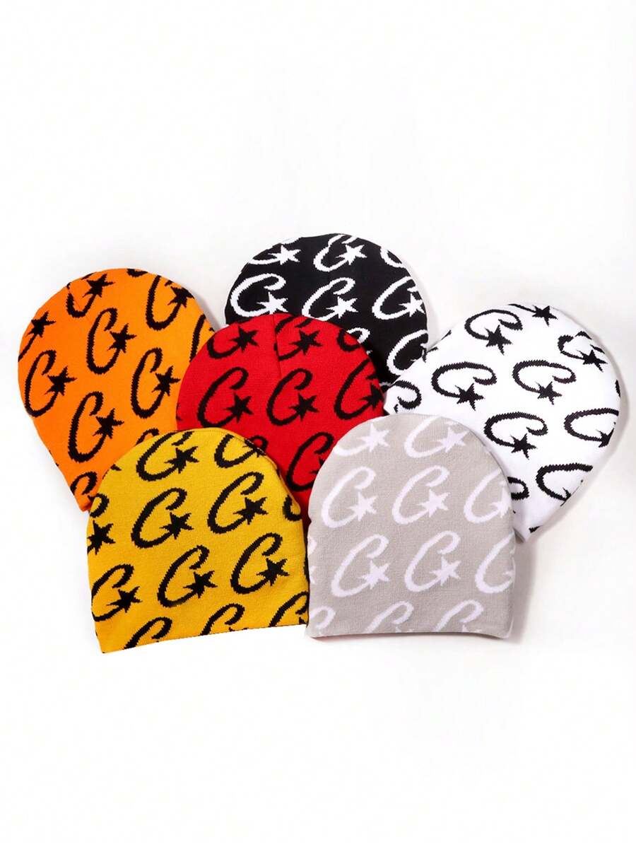 1pc Men's Letter C Constellation Print Jacquard Knitted Cap, Fashion Multi-Color Unisex Acrylic Beanie Hat, Fashion Streetwear Warm Winter Accessory Fall Outfit