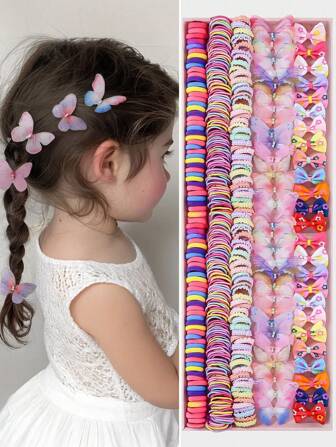 216 件/套女童宝宝公主风格发饰套装 - 发圈、蝴蝶发夹、蝴蝶结发夹、弹性发带，日常使用或礼物