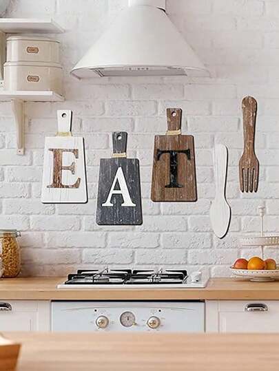 5 Peças Conjunto de Placa de Corte e Sinal de Refeição, Sinal de Refeição de Cozinha Pendurado com Garfo e Colher, Decoração de Parede Estilo Rural e Fazenda, Decoração de Cozinha e Casa, Arte de Decoração, Decoração de Casa, Decoração de Quarto, Decoração de Parede, Presentes de Aniversário e Formatura