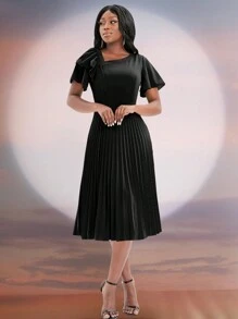 1 chiếc đầm nữ màu trơn đơn giản tay bồng xếp ly, kiểu dáng thanh lịch thường ngày, màu đen. - màu đen - Xem 6