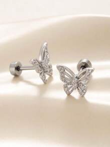 1 件闪亮镂空银色水钻蝴蝶 316L 不锈钢耳骨钉精致防水小耳环女士单只 - 銀色 - 查看 9