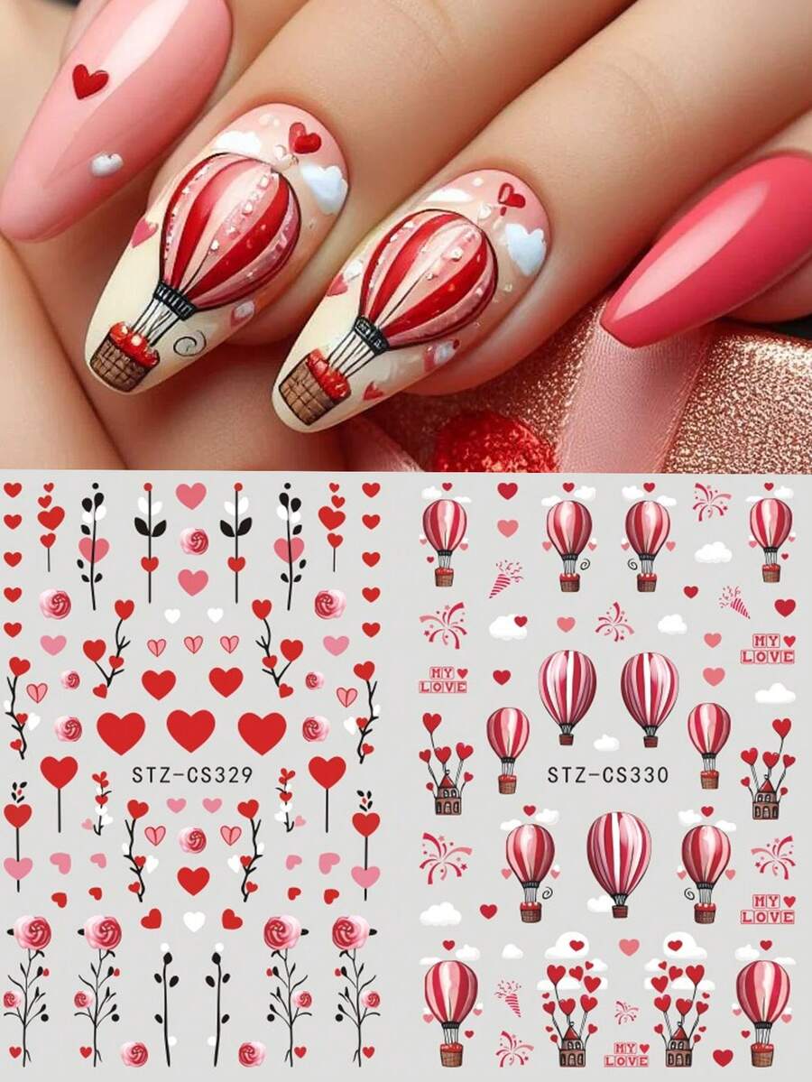2 件情人节爱心玫瑰热气球美甲贴纸贴花，3D 自粘美甲用品爱心玫瑰热气球情侣嘴唇侏儒设计贴纸浪漫心形美甲 DIY 指甲装饰适合女士女孩 - 彩色 - 查看 1