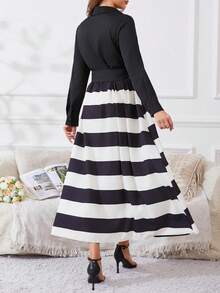 Patchwork Color Block Striped Single Breasted Long Sleeve Elegant Women Dress - Black and White - View 2