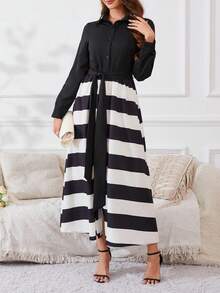 Patchwork Color Block Striped Single Breasted Long Sleeve Elegant Women Dress - Black and White - View 4