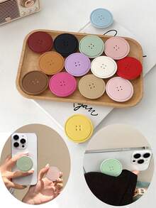 圆形皮纹纯色按键式手机支架粘性桌面支架懒人支架可伸缩简约设计 - 彩色 - 查看 12