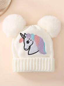 Mũ len phong cách Châu Âu & Mỹ cho trẻ em, thiết kế mới cho bé gái, mũ len ấm áp thêu hình kỳ lân đôi Pom Pom, mùa thu/đông, cho Giáng sinh - 1PC - Xem 1