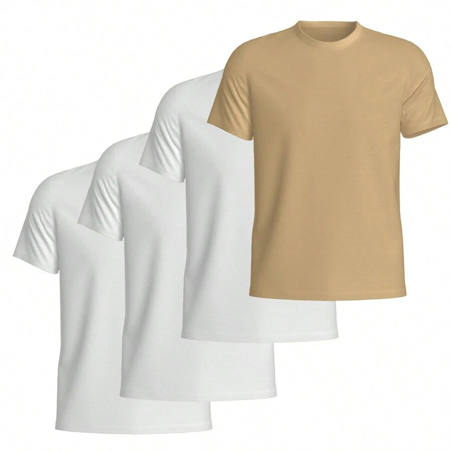 Kit Of 4 Men's 100% Cotton Plain Basic Summer T-Shirts - 薑色 - 查看 1