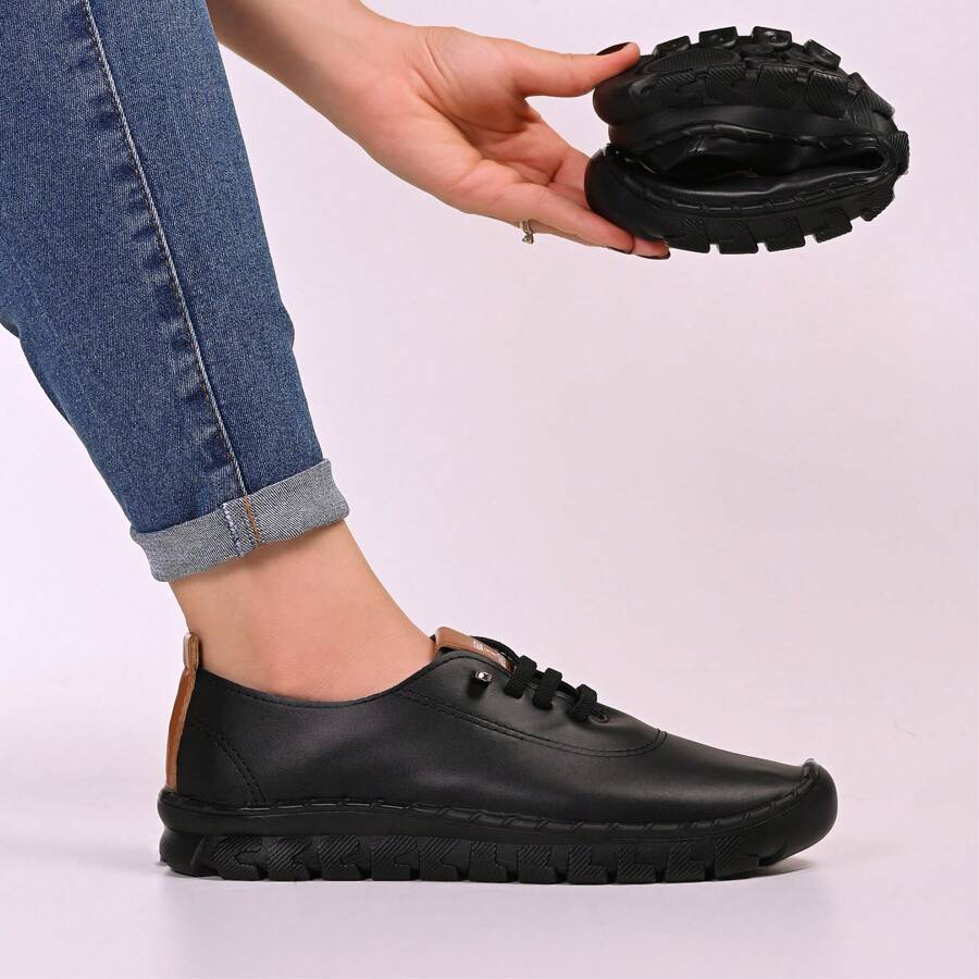 Women's Casual Sneakers, Flexible Sole, Low-Cut With Laces, Lightweight And Comfortable, Traditional Adult Women's Sneakers - MX-A 黑色/焦糖色 - 查看 1