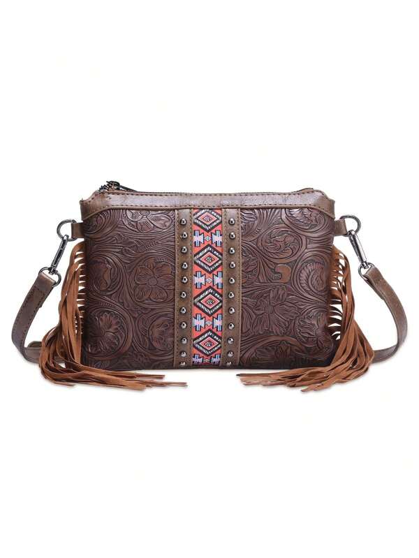 1 Pc Bohemian Women's Small Crossbody Shoulder Bag, Weekend Bag. Western Wallet Fashion Leisure Bag, Engraved PU Bag. Suitable For Parties And Commuting, Excellent Gift, Perfect For Rodeo Occasion, Western Purse For Women