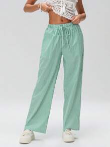 Women's Casual Stripe Print Wide Leg Pants Drawstring Elastic Waist Loose Straight Leg Long Pants With Pockets Streetwear