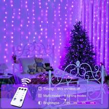 JMEXSUSS 300LED Purple Halloween Lights With Remote, Curtain Hanging Light Plug In, 8 Modes Purple String Lights For Bedroom Window Wall Party Backdrop Christmas Halloween Decorations