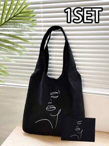 Ladies' Canvas Bag Shopping Bag Tote Bag And Makeup Bag,Simple Line Illustration Pattern Reusable Grocery Handbag Storage Bag,Printing Pattern Shoulder Bag Large Capacity Student Handbag,Simple Large-Capacity Handbag