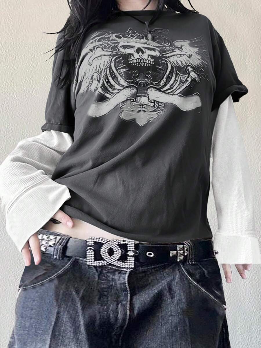 Y2K Grunge 女式时尚街头服饰 Y2K 风格时尚天使骷髅图案长袖圆领 T 恤上衣 - 彩色 - 查看 1
