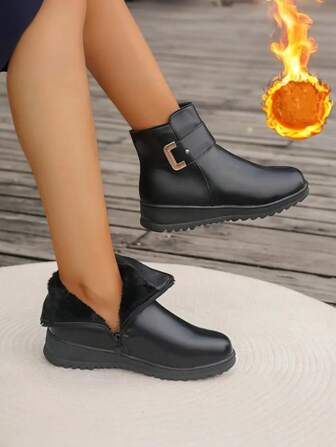 Women's Thermal Lined Ankle Boots, Casual Sports Sneakers, Anti-Slip Flat Heel Short Boots, Mom Shoes, Black, Autumn/Winter,Go With Cardigan