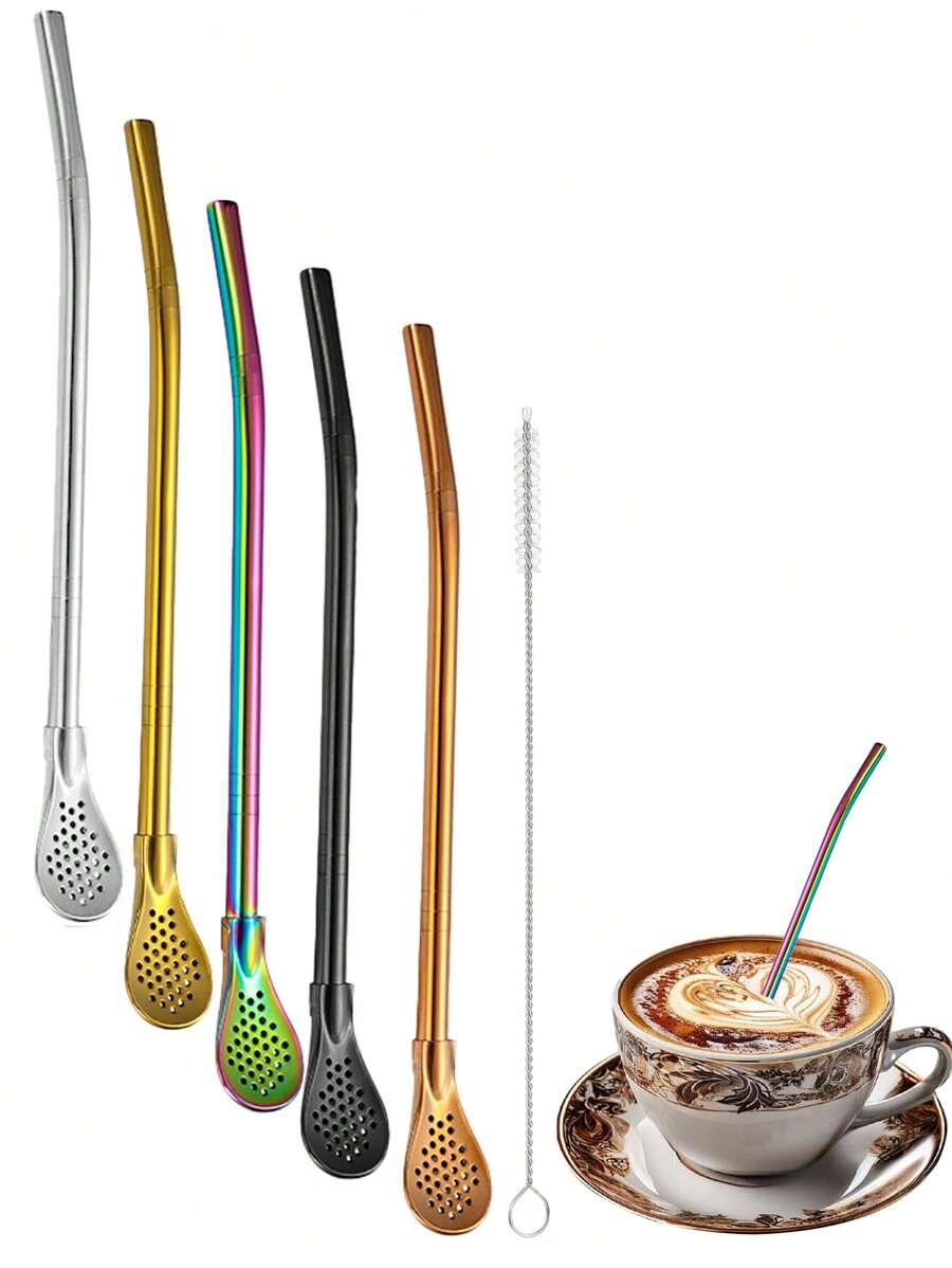 6 件/1 件不锈钢咖啡吸管勺，弯曲流畅的鸡尾酒搅拌滤网勺，可重复使用的金属饮用吸管带过滤勺，适用于散叶茶、咖啡、鸡尾酒 - 查看 1