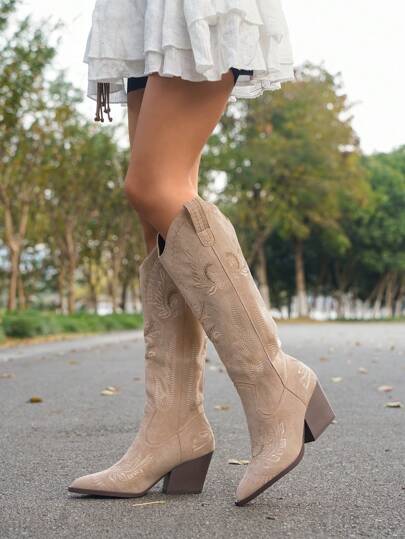 Damen Wildleder Vintage Stickerei Textur Slip-On Mode Western Stiefel, Herbst/Winter Plateauschuhe Spitze Zehen Überknie Western Stiefel