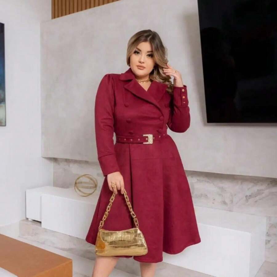 LONG SLEEVE VELVET DRESS WITH BELT - 酒紅色 - 查看 1