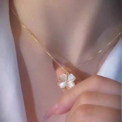 1 件时尚欧式镀金猫眼石心形花瓣项链，女士花卉锁骨链吊坠配饰