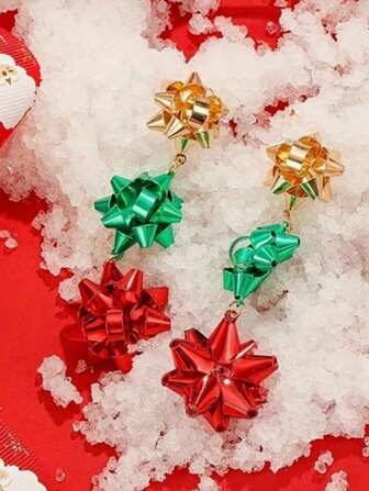 1 Pair Retro Christmas Metal Long Christmas Flower Earrings For Women, Versatile For Holiday
