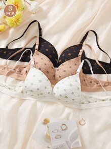 3 piezas Sujetadores con cuello en V con encaje, sujetadores acolchados fijos, sujetadores inalámbricos suaves y cómodos, sujetadores para estar en casa - Multicolor - Ver 1