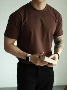 Plain Short Sleeve T-Shirt 100% Cotton Basic S-G3 - 棕色 - 查看 3