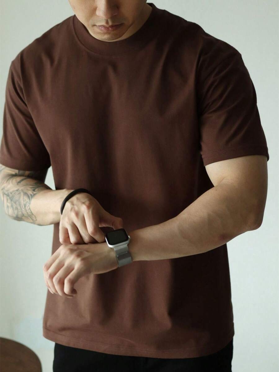 Plain Short Sleeve T-Shirt 100% Cotton Basic S-G3 - 棕色 - 查看 1