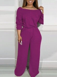 Off Shoulder V-Back Stretchy Waist Pocket Design Jumpsuit - Màu Hồng Tươi - Xem 3