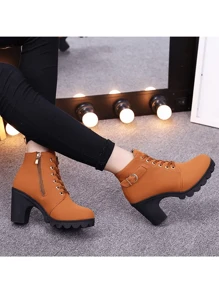 Botas Cortas Y Tacones Gruesos Para Mujer