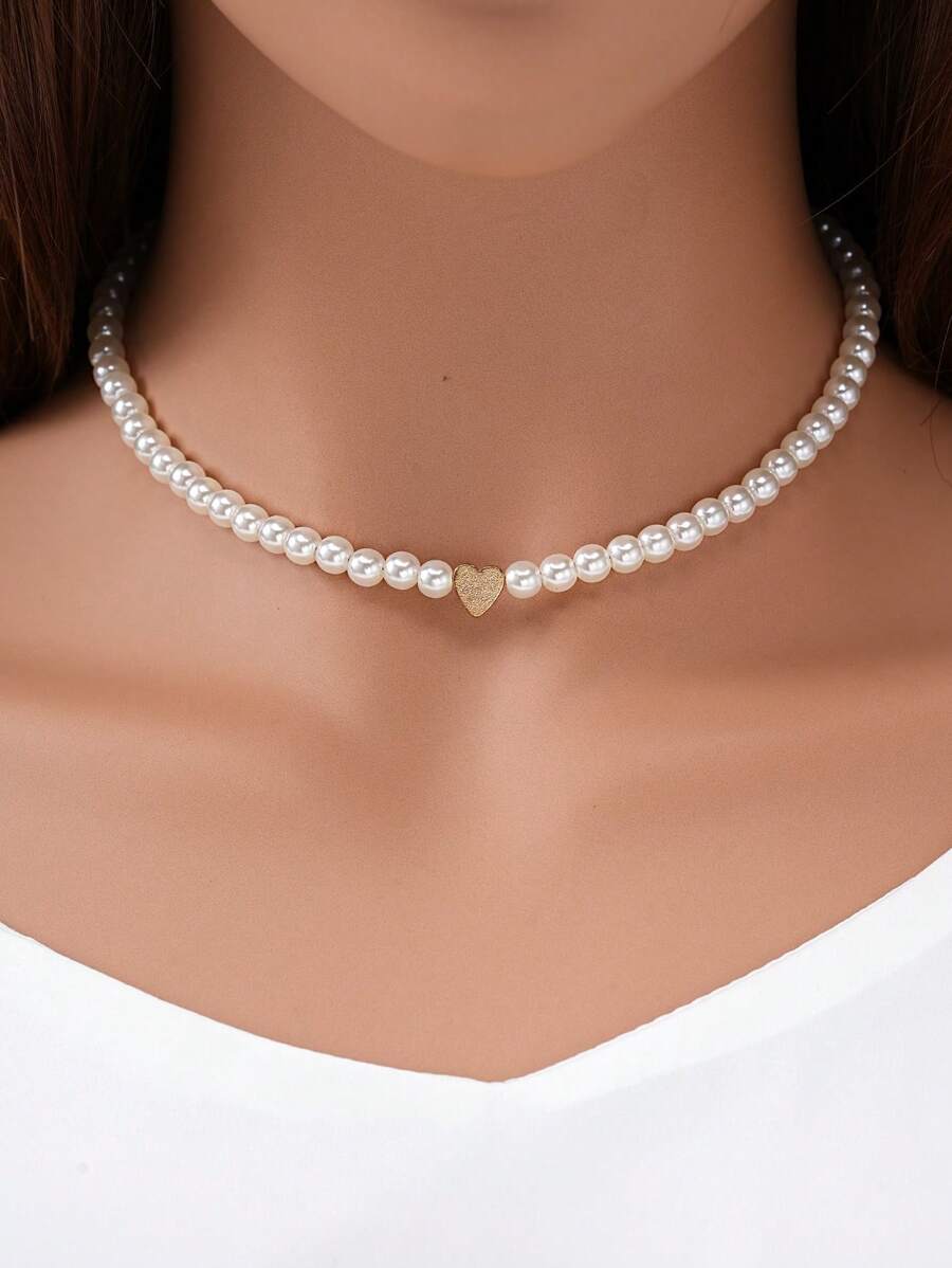 1 chiếc vòng cổ hạt ngọc trai giả hình trái tim vàng, vòng cổ choker ngọc trai đen trắng thời trang dành cho phụ nữ - hình trái tim - Xem 1