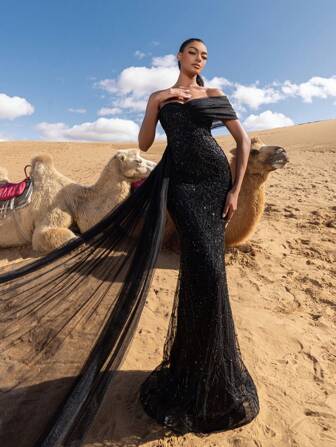 Faeriesty Haute Glamour Luxury One-Shoulder Tulle Overlay Beaded Gowns Formal Dresses & Evening Gowns