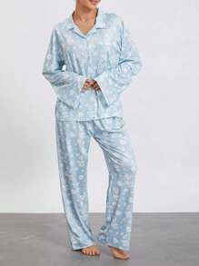 Women Pajamas Lounge Set Strawberry Print Turn-Down Collar Long Sleeve Shirts Tops And Pants 2 Piece Loungewear Outfits - 藍色 - 查看 4