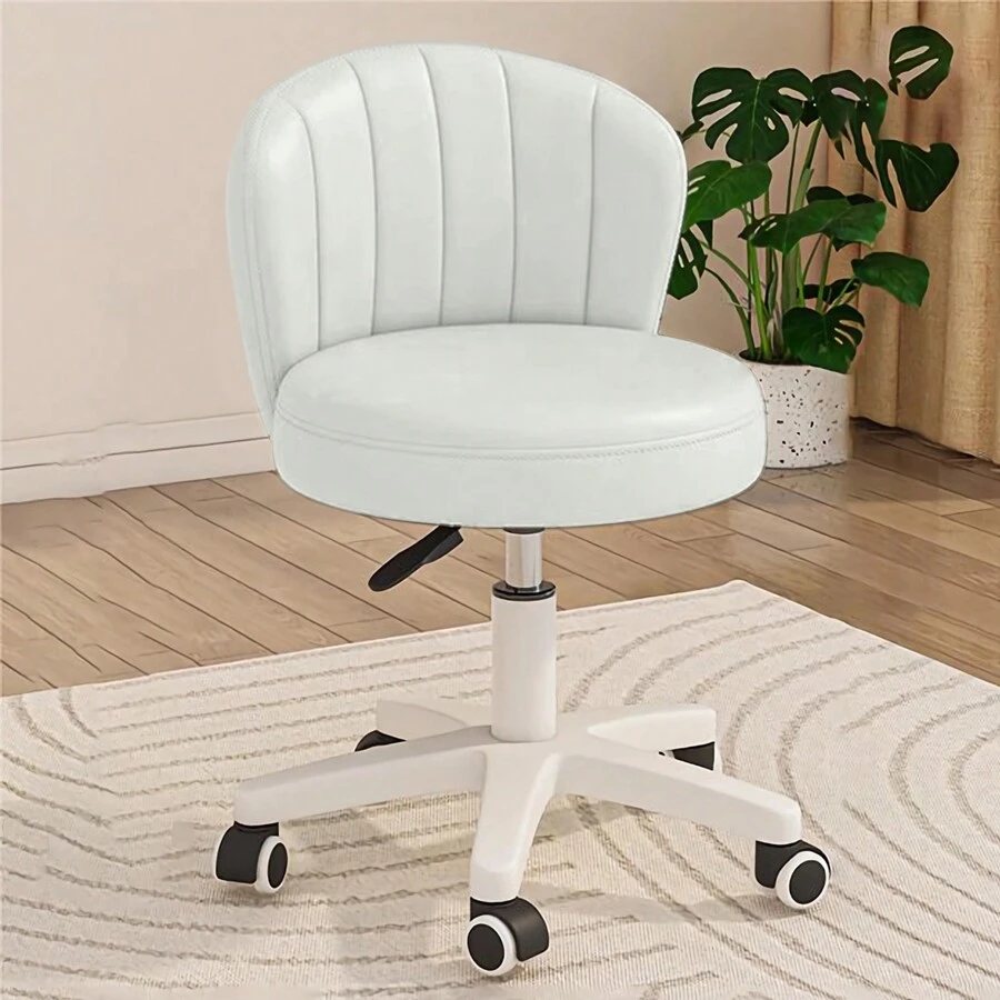 Home Office Chair With Wheels PU Leather Swivel Drafting Chair With Back Rolling Round Stool Height Adjustable Work Task Vanity Salon Spa Stool Chair - 白色 - 查看 1