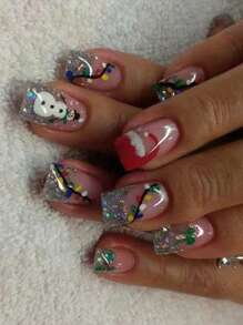 升级您的外观，24 件短方形卡通圣诞帽和雪人印花美甲贴纸，渐变闪光全覆盖假指甲，浪漫风格，适合秋冬季 - 彩色 - 查看 1