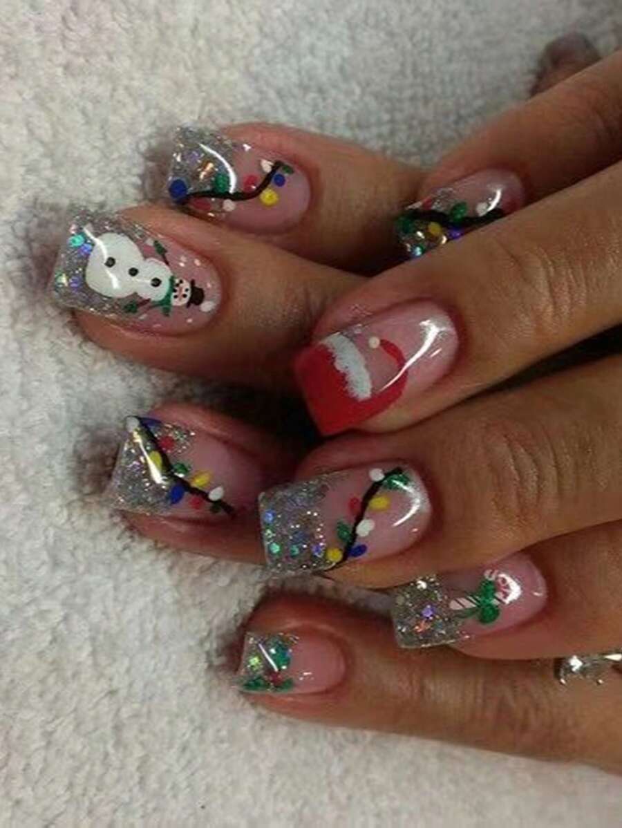 升级您的外观，24 件短方形卡通圣诞帽和雪人印花美甲贴纸，渐变闪光全覆盖假指甲，浪漫风格，适合秋冬季 - 彩色 - 查看 1