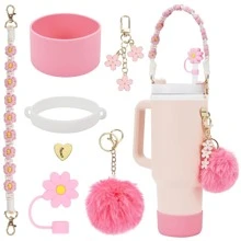 7pcs Mug Accessory Set, Includes 1pc Water Bottle Handle Strap, 1pc Silicone Mug Cover, 1pc Butterfly Straw Lid, 2pcs Butterfly And Hairball Ornaments For Mugs Glasses For 40oz.&30oz Glass Mugs Mug Accessories - Multicolor - View 4