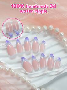 24pcs Medium-Length Almond Press On Nails Gradient Purple French Style With 3D Water Ripple Fake Nail Kit Glossy Art Manicure For Women Girls Dating False Nails - Multicolor - View 3
