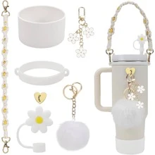 7pcs Mug Accessory Set, Includes 1pc Water Bottle Handle Strap, 1pc Silicone Mug Cover, 1pc Butterfly Straw Lid, 2pcs Butterfly And Hairball Ornaments For Mugs Glasses For 40oz.&30oz Glass Mugs Mug Accessories - Multicolor - View 9