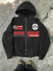 Áo hoodie nam kiểu vintage, in họa tiết, có khóa kéo. - màu đen - Xem 1