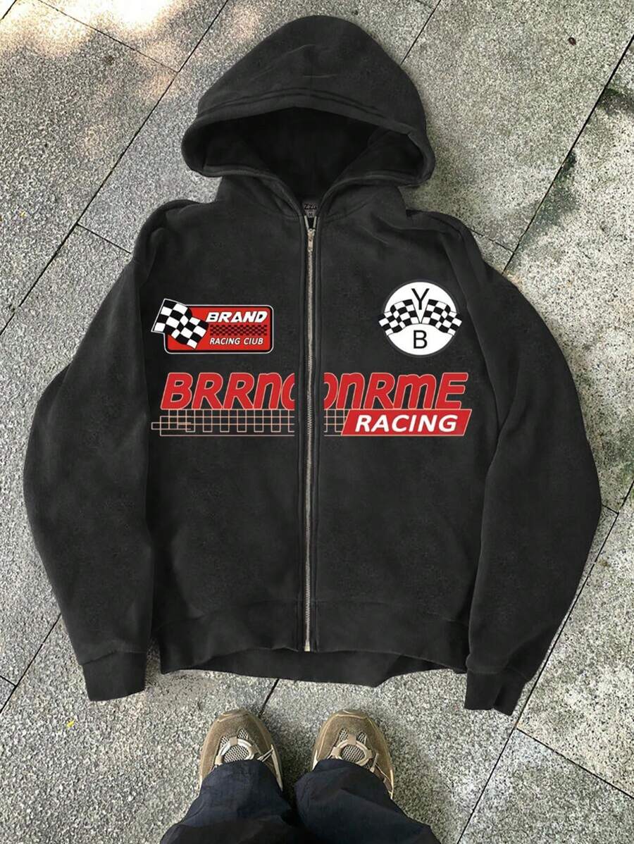 Áo hoodie nam kiểu vintage, in họa tiết, có khóa kéo. - màu đen - Xem 1