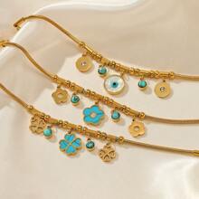 1 件欧美时尚花朵圆形手链，时尚绿松石 18K 镀金不锈钢手镯，女士，蓝色钛钢圆盘 - 手鐲 - 查看 6